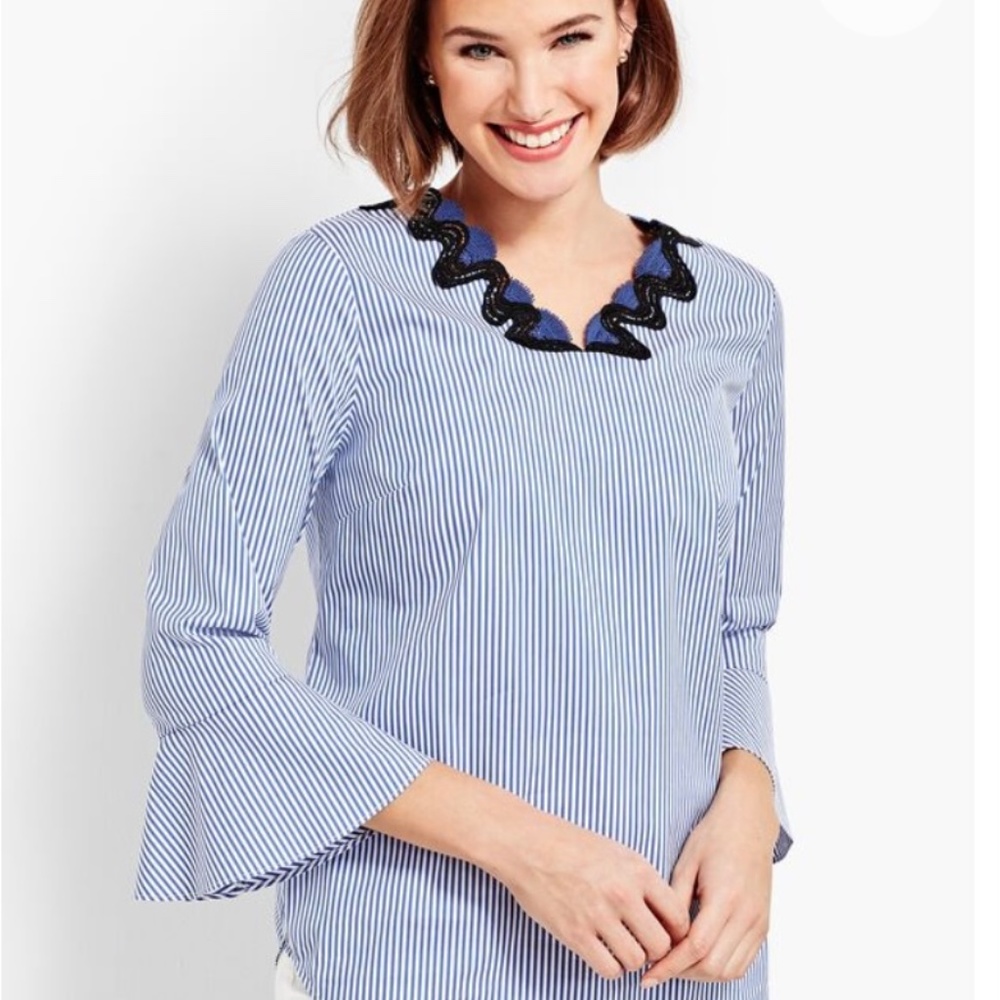 NWT Talbots Embroidered Rick Rack Trim Top Blouse Bell Sleeves XL Striped Brand - Picture 2 of 16